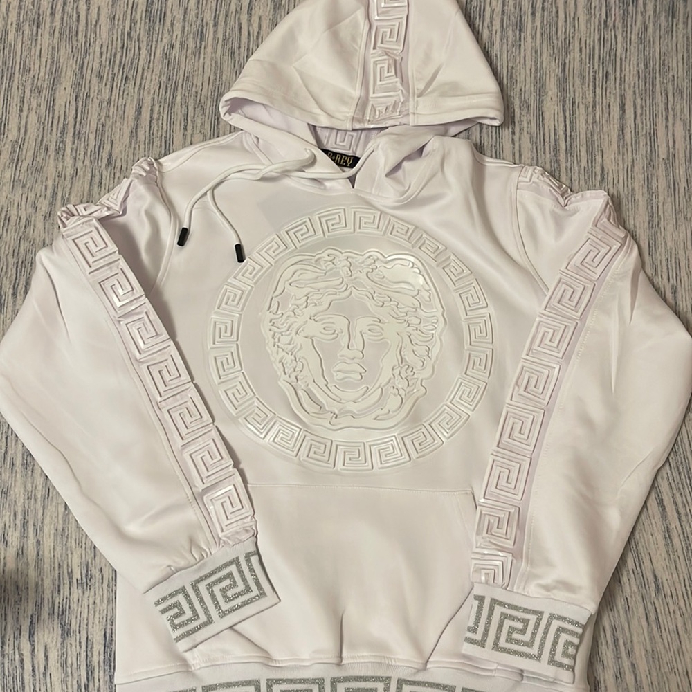 White medusa style hoodie with silver accents!